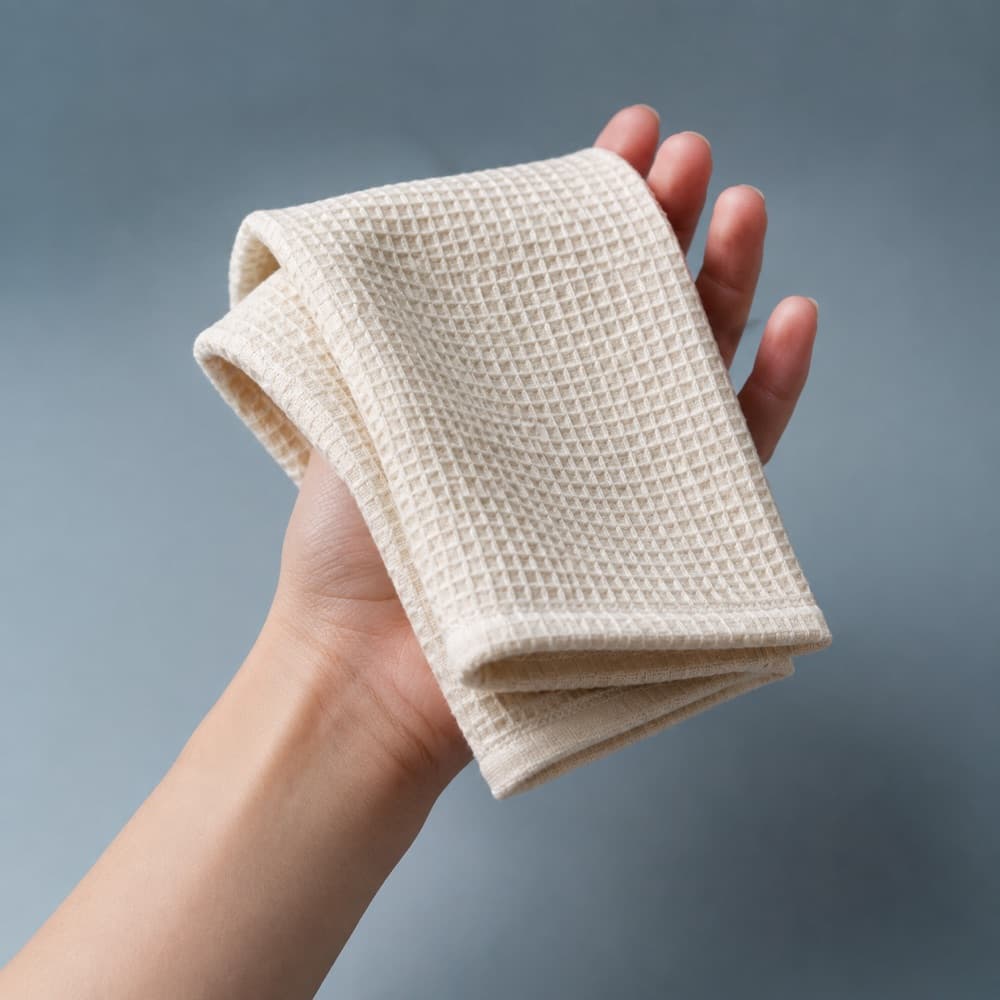 A hand holding the Ceramic Care Cloth, showing the scale of the cup against a hand