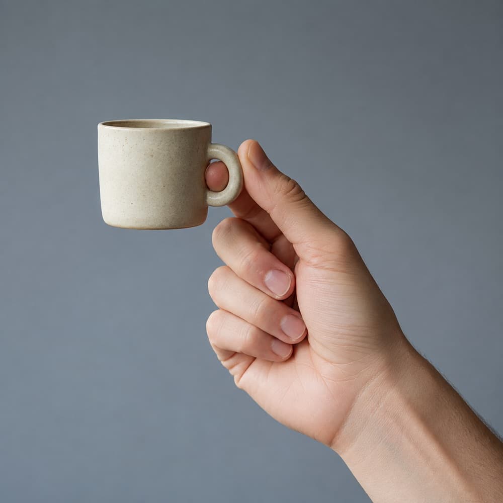 A hand holding the Espresso Cup 70 ml, showing the scale of the cup against a hand