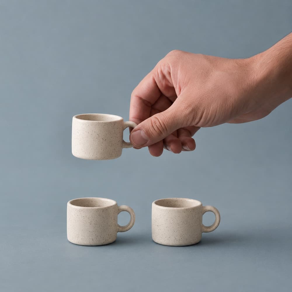 A hand holding the Espresso Pair Set 70 ml × 2, showing the scale of the cup against a hand