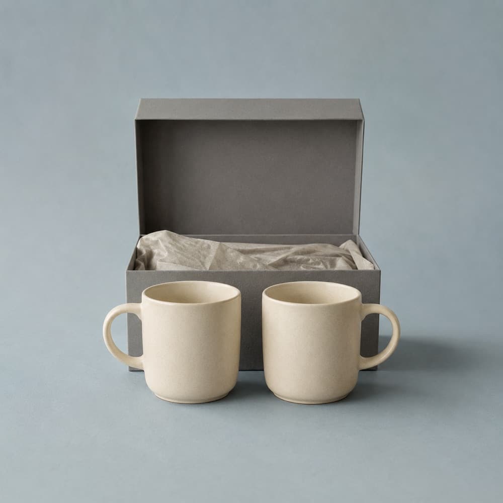 Two matching stoneware mugs beside an open rigid gift box