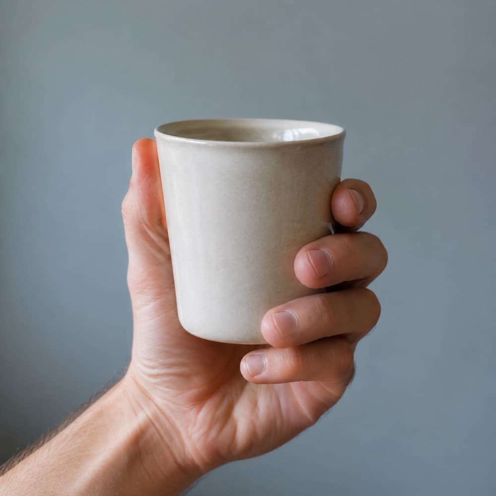 A hand holding the Handleless Cup 200 ml, showing the scale of the cup against a hand