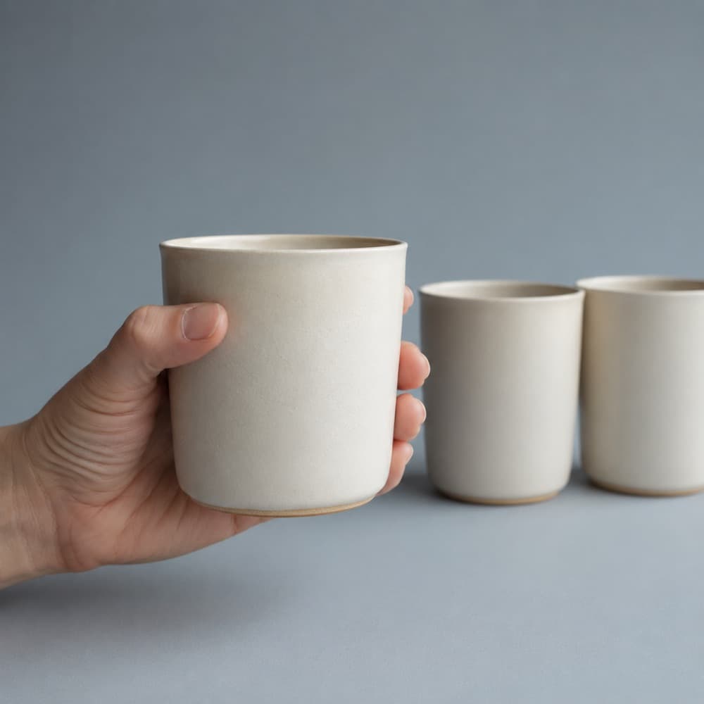 A hand holding the Handleless Pair Set 200 ml × 2, showing the scale of the cup against a hand