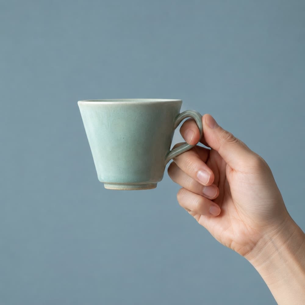 A hand holding the Macchiato Cup 120 ml, showing the scale of the cup against a hand