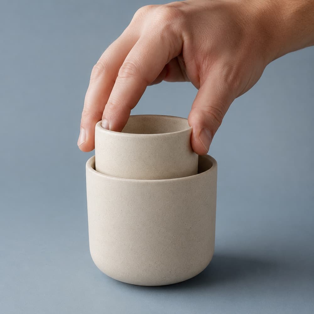 A hand holding the Nesting Cup Pair 240 + 320 ml, showing the scale of the cup against a hand