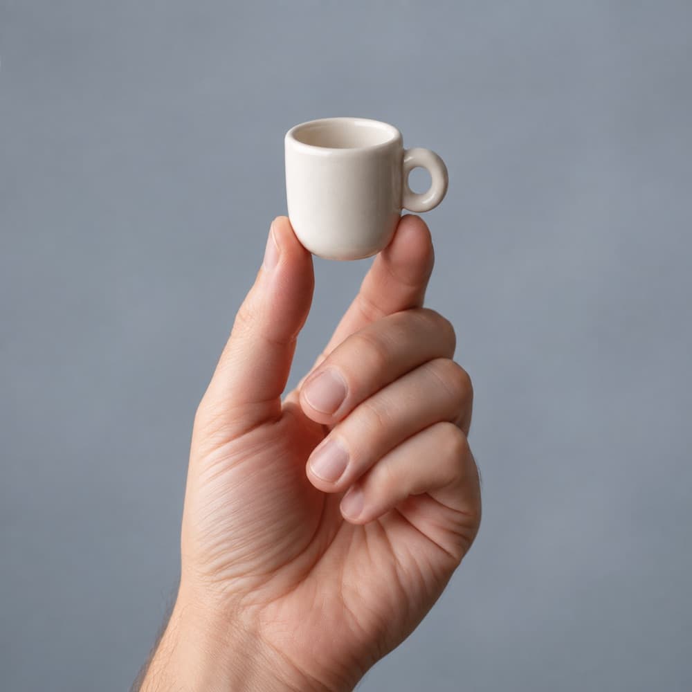 A hand holding the Ristretto Cup 60 ml, showing the scale of the cup against a hand